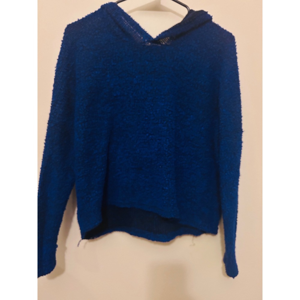 Ambiance Popcorn Knit Hoodie Women Medium Blue Excellent Textured Crop Sweater